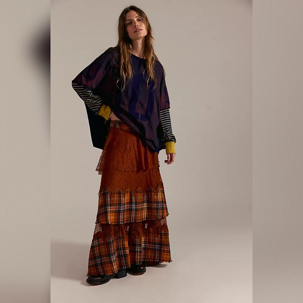 Free People County Fair Lace Maxi Skirt - Brown Combo - Size 6 - Picture 2 of 11